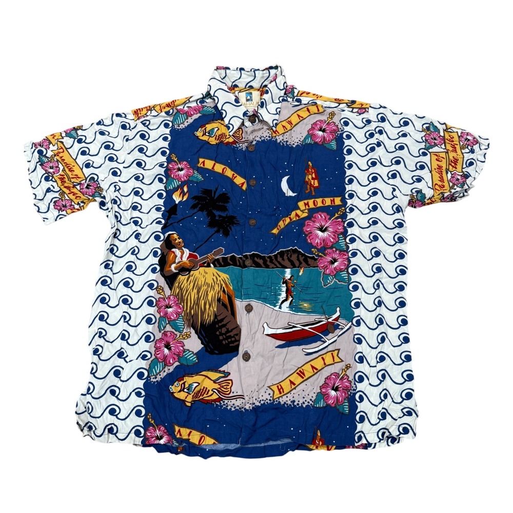 VTG Kahala Hawaiian Shirt Mens XL Rayon Aloha Hula Moon Blue Handcrafted Tropica